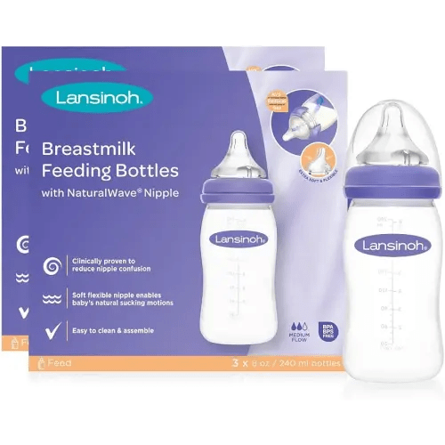 Lansinoh Anti-Colic Baby Bottles for Breastfeeding Babies, 8 Ounces, 6 Count, Includes 6 Medium Flow Nipples, Size M