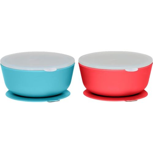 WeeSprout Suction Bowls for Baby & Toddlers (Set of 2) - 100% Silicone w/Plastic Lid - Leak Proof Feeding Supplies - Dishwasher & Microwave Safe Infant Dinnerware w/Extra Strong Base - Bright Red + Bright Blue