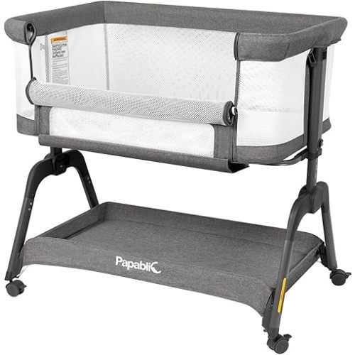 Papablic Baby Bassinet, Bedside Bassinet for Baby with Four-Sided Breathable Mesh & Soft Mattress, Adjustable Bassinet Bedside Sleeper with Storage Basket and Wheels, Easy to Assemble, Grey
