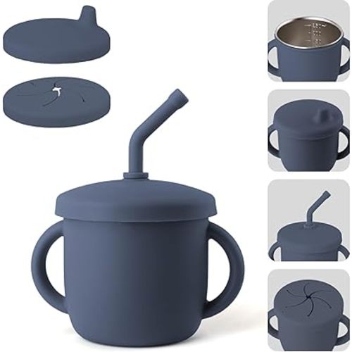 4-in-1 Stainless Steel Silicone Sippy Cup, 8.5oz Toddler Open Cup with Straw, Sippy & Snack Lids, For Baby Led Weaning, Toddlers 1-3 Years Trainning Kids Drinking, Dishwasher Safe, Navy