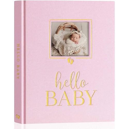 Lanpn Newborn Baby Memory Book, Baby First 5 Year Keepsake Gift with DIY Window, Linen Baby Memories Journal Scrapbook Photo Book, Baby Milestone Album for Boy Girl New Parents (Pink, 154 Pages)