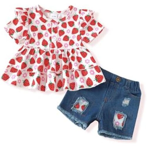 NZRVAWS Baby Girl Clothes Toddler Girl Summer Outfit Shirt Shorts Ripped Jean Infant Clothing 6 12 18 24 Month 2 3 4T