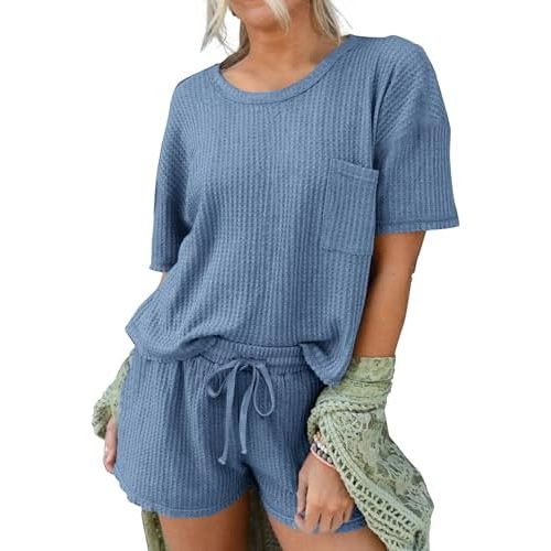 Andeip Pajamas Womens Waffle Knit Lounge Set Short Sleeve Top and Shorts 2 Piece Loungewear Outfits Pj Sets with Pockets