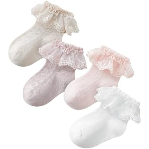 DEEKEY Baby Girls Socks Toddler Ruffle Socks Girls Frilly Lace Dress Socks Cotton Crew Socks