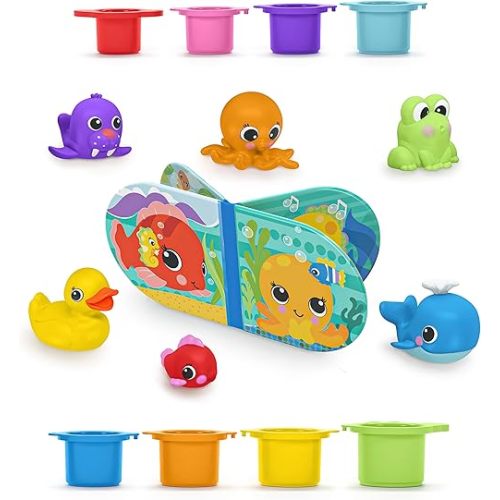 Bright Starts Splash, Splash Baby 15pc Bath Set - Waterproof Book, Rubber Ducky, Animal Toys and Stacking Cups, Unisex, 6 Months+