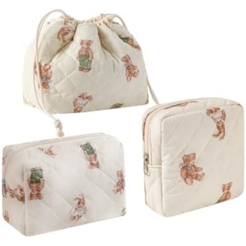 uekeboag 2 pcs Large Floral Quilted Makeup Bag Set for Women, Cotton Quilted Big Cosmetic Bag, Coquette Aesthetic Cute Travel Toiletry Bag