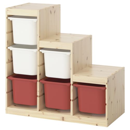 TROFAST Storage combination with boxes - light white stained pine white/red 37x17 3/8x35 7/8 "