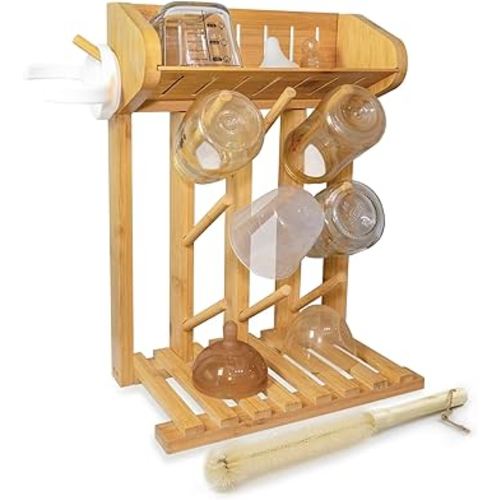 Bamboo Baby Bottle Drying Rack, Vertical Space Saving Kitchen Organizer, 9 Bottle Capacity, Countertop Storage Holder and Bottle Dryer with Draining Base (Comes with a Free Cleaning Brush)