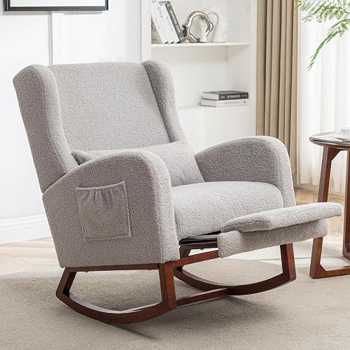 HCHAIRH Rocking Chair Nursery with Foot Rest, Wingback Nursery Rocking Chairs, Grey Teddy Nursing Glider Rocker Chair with Pillow and High Back for Nursery, Living Room, Bedroom