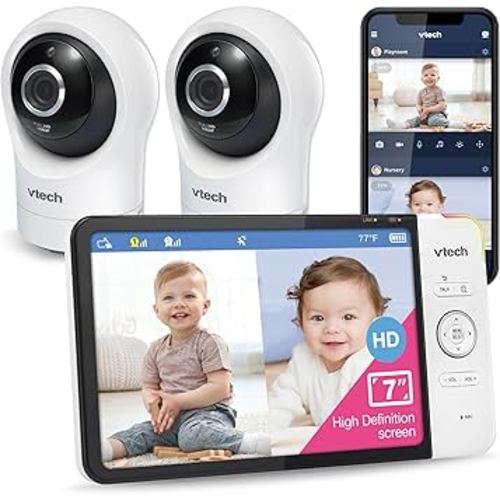 VTech RM7764-2HD 1080p Smart WiFi Remote Access 2Camera BabyMonitor, 360° Pan&Tilt, 10X Zoom, 7” 720p HD Display & NightVision, Soothing Sounds, 2-Way Talk, Temperature&Motion Detection, iOS&Android