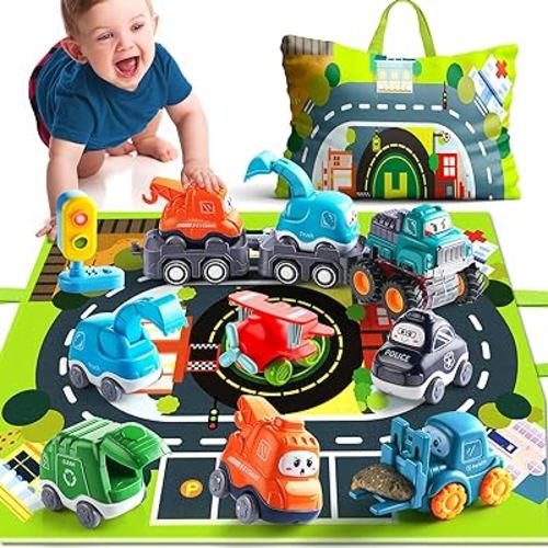 Construction Vehicle Car Toys for 1 Year Old Boy with Playmat/Storage Bag|Baby Toys 12-18 Months with Trailor|Toddler Toys Age 1-2|1st Birthday Gift for 1 2 Year Old Boy