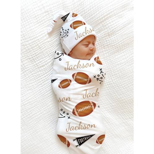 Football Baby Blanket, Name Baby Boy Swaddle Personalized Shower Gift Sports Baby Boy Coming Home Outfit Hospital Photo Prop Swaddle Hat Set