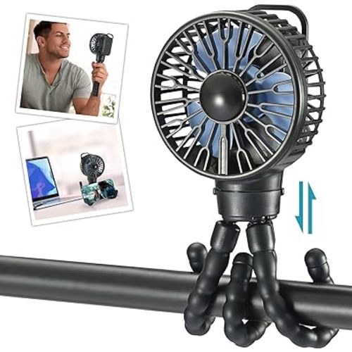 snawowo Mini Portable Stroller Fan, Battery Operated Personal Small Handheld Fan with Flexible Tripod, 3 Speed Rechargeable Clip On Fan for Car Seat Crib Treadmill Travel Camping Black