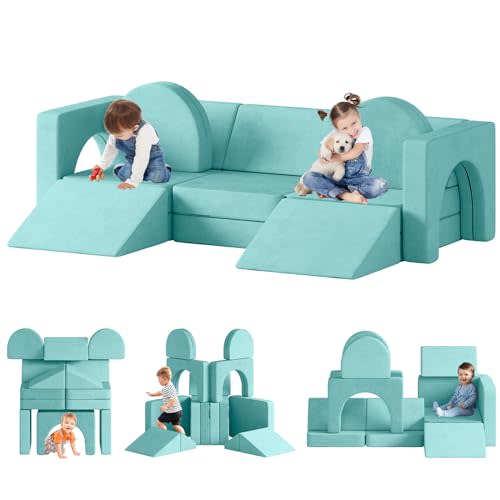 DEYGIA 13PCS Modular Kids Play Couch, Kids Couch with Climbing Slope, 13 in 1 Toddler Couch for Playing, Creativing, Sleeping, Indoor Kids Sofa for Boys and Girls (Ice-Snow Blue)