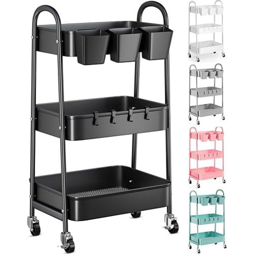 3 Tier Black Metal Rolling Cart with Lockable Wheels and Cups, Three Tiered Utility Storage Organizer on Wheels for Bathroom, Kitchen, Laundry, Garage, Office, Craft, Art, Baby Diaper, Snacks, Books