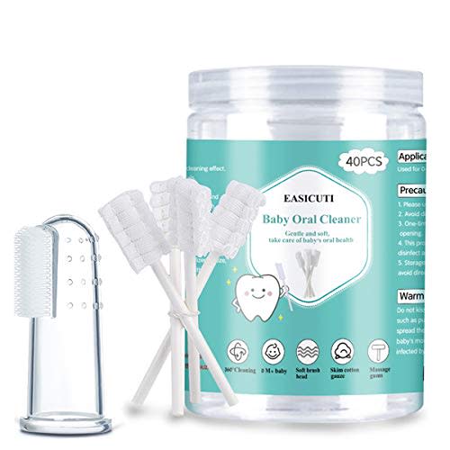 Baby Toothbrush, Baby Tongue Cleaner, 40Pcs Disposable Infant Toothbrush Clean Baby Mouth, Gauze Toothbrush Infant Oral Cleaning Stick Dental Care for 0-36 Month Baby + Free 1Pcs finger toothbrush