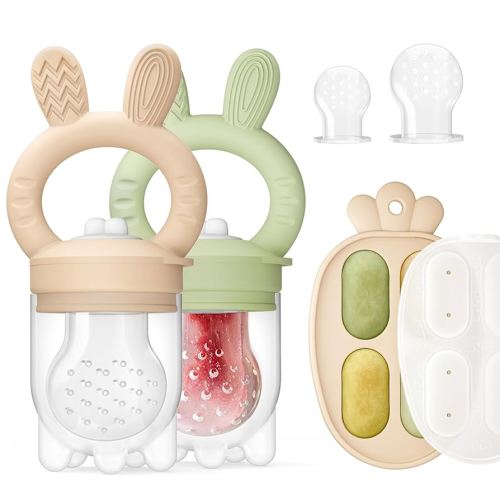 2 Packs Baby Fruit Feeder & Freezer Nibble Tray Combo, Push Pop Baby Food Feeder to Safely Introduce New Foods, Fresh & Frozen Food Silicone Feeder, 100% Food Grade, BPA Free (Caramel & Olive)