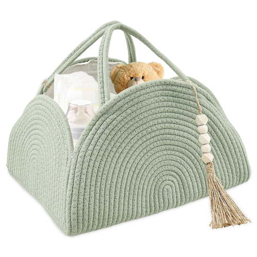 Qenwkxz Diary Baby Diaper Caddy Organizer, Cotton Rope Diaper Caddy Basket, Large Storage Basket for Newborn Boys and Girls, Gift for Baby Shower List, Newborn Essentials, Roman Green
