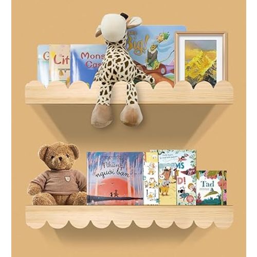 Wall Book Shelves for Bedroom Kids with Hooks - Scalloped Shelves for Nursery Set of 3, Nursery Bookshelf for Wall Room Decor, 16 Inch