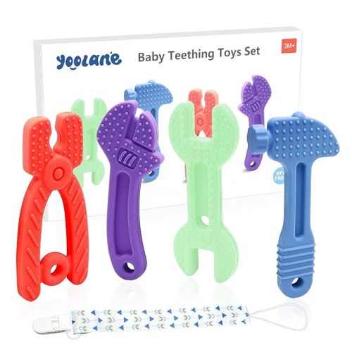 Baby Teether - Teething Toys for Babies 3-24 Months, Tools Set Shape Silicone Teethers - Baby Stuff Essentials Gifts for Toddler Infant Boy and Girl, BPA Free Freezable | 4 Pack - A - Tool Set Teether