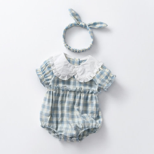 Baby Blue Plaid Bodysuit with Headband
