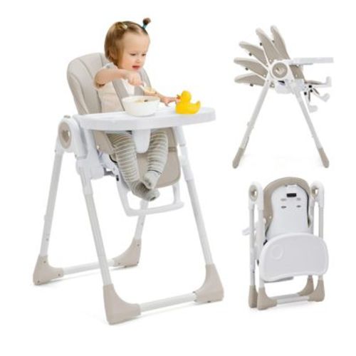 Foldable High Chair for Babies, Adjustable Baby Highchair with 5 Recline Positions, Removable Double Tray,Portable Feeding Chair with 5-Point Harness