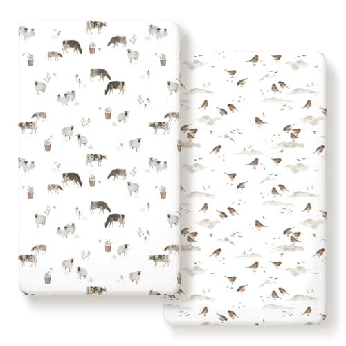 Stretch Ultra Soft Jersey Knit Fitted Crib Sheets Set 2 Pack，Fit All Standard Crib Mattress Pads Safe and Snug, Crib Fitted Sheet for Baby, Cute Watercolor Cows and Birds Print