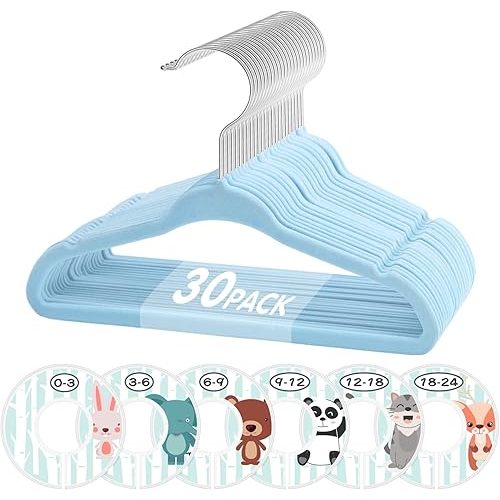 Baby Hangers, VIS'V 11 Inch Blue Velvet Kids Hangers with 6 Pcs Size Dividers Non Slip Nursery Children Closet Clothes Hangers for Infant Toddler Girls and Boys 30 Pcs