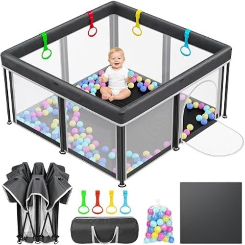 Foldable Baby Playpen: 50"×50" Playpen for Babies and Toddlers Portable Setup Baby Play Pen with Mat Indoor Outdoor Safety Fence Play Yard Kids Play Area with Storage Bag 50 Ocean Balls 4 Handlers
