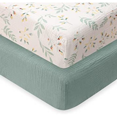 Muslin Crib Sheets for Girls and Boys, Cotton Boho Neutral Fitted Baby Sheet Standard Mattress & Toddler Bed (52"x28"), Soft Breathable, 2 Pack (Roman Green&Botanical Leaf)
