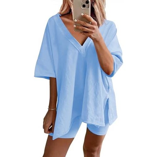 Ekouaer Womens Pajamas 2 Piece Lounge Sets Oversized V Neck T-Shirts Tops Biker Shorts Set Workout Reversible Tracksuit S-XXL