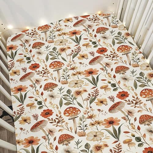 Boho Mushroom Floral Leaves Baby Crib Sheets for Boy Girl 28"x52" Vintage Woodland Mushrooms Soft Stretchy Fitted Crib Mattress Cover Retro Mushroom Baby Sheet for Standard Crib and Toddler Mattress