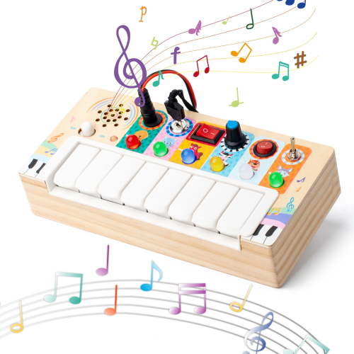Travel Activity Educational Toys Wooden Music Busy Board Montessori Music Toy with 8 Piano Keys 6 Led Light