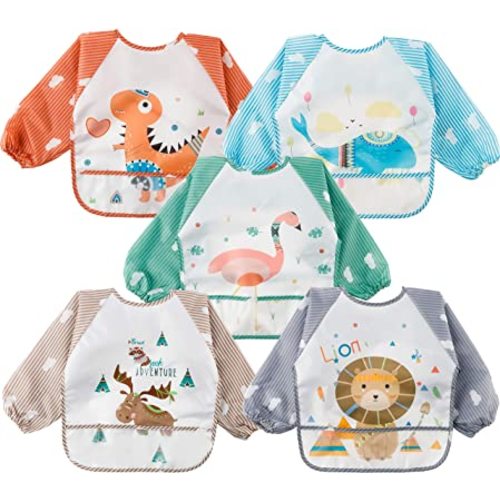 R HORSE 5Pcs Long Sleeved Bib for Babies Toddlers Waterproof Sleeved Bib with Great Capacity Pocket Gift for Baby 6-36 Months