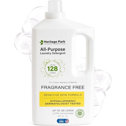 Heritage Park Luxury Laundry Detergent | Dermatologist Tested Plant based Natural & Enzyme Laundry Detergent | Sensitive Skin Friendly - Fragrance Free (64 fl oz)