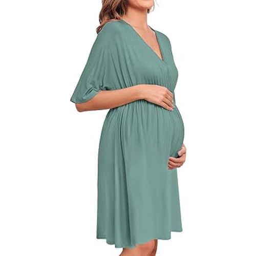 SWOMOG Women 3 in 1 Delivery/Labor/Nursing Nightgown Short Sleeve Pleated Maternity Sleepwear for Breastfeeding