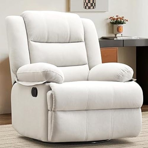 Swivel Rocking Recliner Chair for Adults, Overstuffed Manual Glider Rocker Recliner Chairs, Upholstered Reclining Single Sofa for Living Room Nursery (Beige)