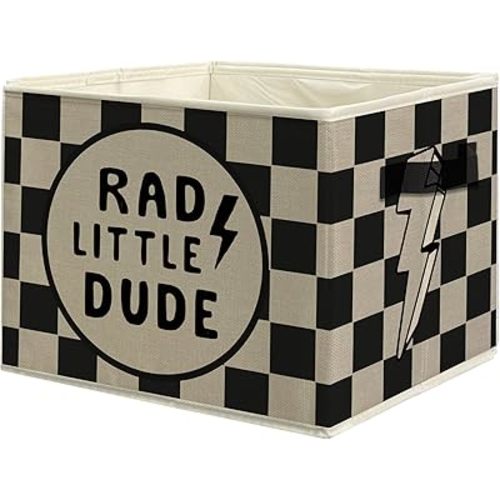 Retro Boy Nursery Storage Bins, Rad Little Dude Black and Beige Checkered Collapsible Storage Box Laundry Basket with Handle for Boys Bedroom Bathroom Playroom Clothes Toys Books