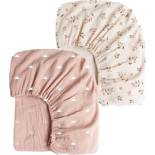 Konssy Muslin Crib Sheets 2 PCS 100% Cotton Baby Crib Sheets for Standard Crib Mattress (28"x 52"), Soft and Breathable for Boys, Girls (Pink Sun,Khaki Leaf)