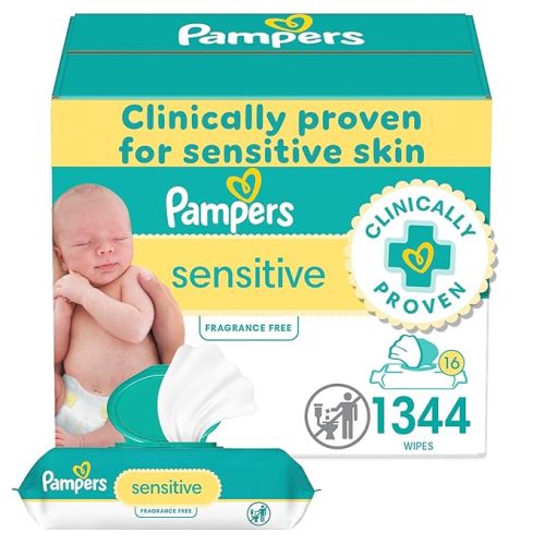 Pampers Baby Wipes, Sensitive, Water Based Wipe, Clinically Proven, Hypoallergenic, and Unscented for Babies, 1344 Wipes Total (16 Flip-Top Packs)