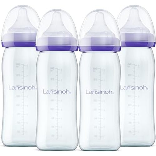 Lansinoh Anti-Colic Glass Baby Bottles, 8 Ounces, 4 Count Bottles for Feeding, Baby Essentials, Includes 4 Medium Flow Nipples, Size M