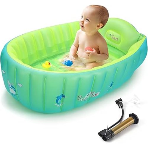 Inflatable Baby Bathtub, Boysea Toddler Bath Tub with Anti-Sliding Saddle Horn Helps Infants to Toddler Tub, Portable Travel Shower Basin with Air Pump, Back Support (Green)
