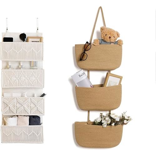 Macrame Over The Door Organizer with 4 Large Woven Pockets & 3-Tier Hanging Basket Set, Boho Decor Nursery Storage for Bathroom, Bedroom, Living Room – Cotton Wall-Mounted Nursery Organizers