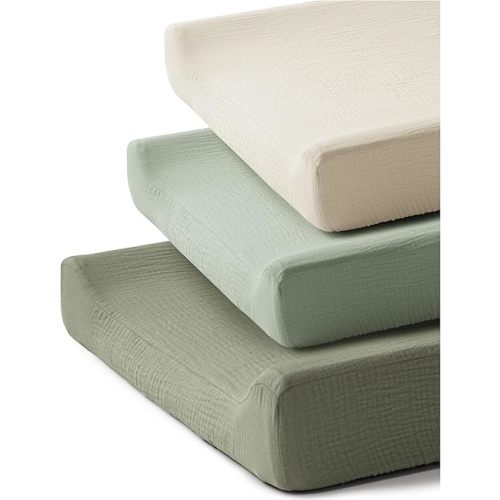 Coreeky 3 Pack Muslin Changing Pad Covers for Girl Boy, 100% Soft Cotton Changing Table Cover, Breathable Baby Nursery Diaper Chang Pad Sheets (Pistachio)