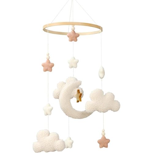 Crib Mobile for Boys Girls, Cute Stars Moon Cloud Boho Gender Neutral Hand-Crocheted Mobile for Baby Nursery Ceiling Mount Unisex