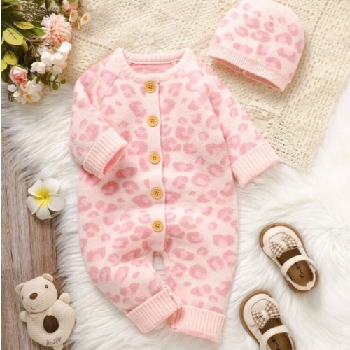 SHEIN Playful Pals Baby Girl Casual Leopard Print Knitted Jumpsuit, Autumn/Winter Baby Girl Leopard Outfit Cheetah Print Baby Clothes Newborn Sweater Romper Winter Newborn Girl Clothes Newborn Unisex Warm Clothes Fall | SHEIN USA