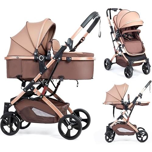 2 in 1 Baby Stroller Newborn Foldable Pushchair with Adjustable Canopy Folding High Landscape Infant Carriage, Anti-Shock Toddler Pushchair