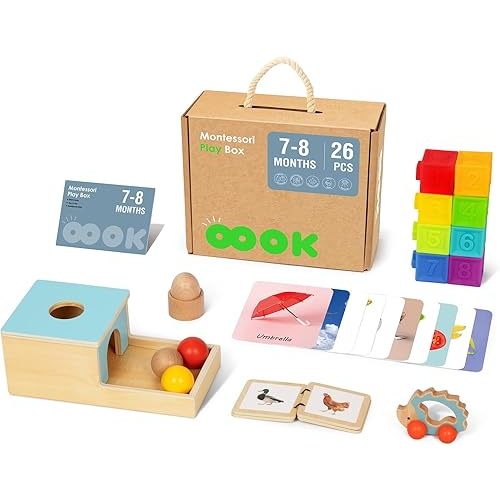 Montessori Baby Toys 6-12 Months, 7 in 1 Educational Toys for Toddlers Early Learning Present (Soft Building Blocks, Object Permanence Box, Rattle, Texture Cards, Wooden Egg, Wooden Book)