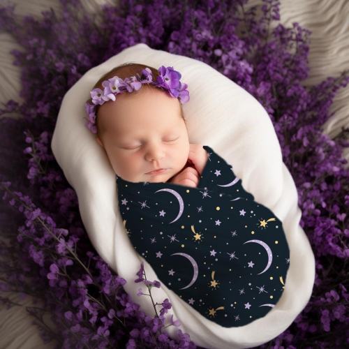 Baby Girl Purple Moons & Stars Swaddle Set, Celestial Bow Hat / Headband / Beanie, Cute Newborn First Photo Outfit, Navy Galaxy Shower Gift