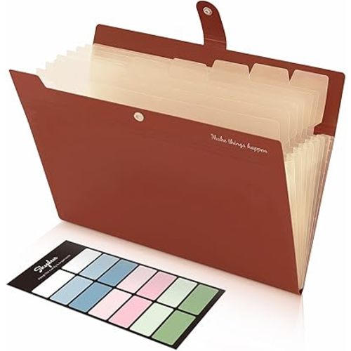 SKYDUE File Folder with Labels, Accordion File Organizer with 8 Pockets, Portable Document Organizer, A4 Letter Size, Paper Organizer for Office, Brown